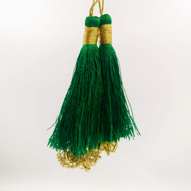 Green Tassels With Gold Beads, Beaded Thread Tassel Charms, Silky Tassels